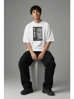 Posh Cabal F03130 Baskılı Oversize Beyaz Erkek T-Shirt