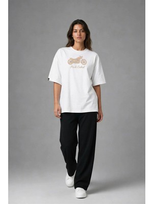 Posh Cabal F02083 Baskılı Oversize Beyaz Kadın T-Shirt