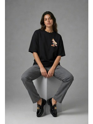 Posh Cabal G02140 Baskılı Oversize Siyah Kadın T-Shirt
