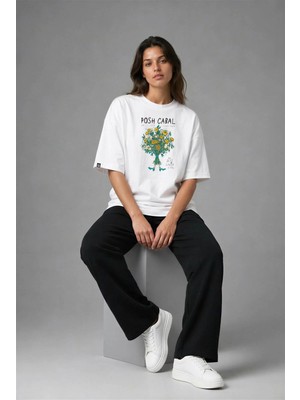 Posh Cabal F03115 Baskılı Oversize Beyaz Kadın T-Shirt