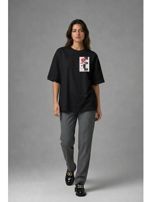 Posh Cabal G02133 Baskılı Oversize Siyah Kadın T-Shirt