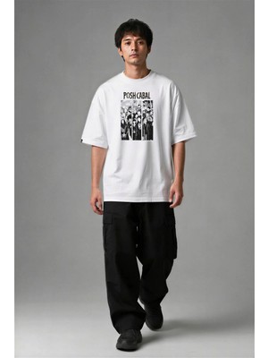 Posh Cabal F03118 Baskılı Oversize Beyaz Erkek T-Shirt