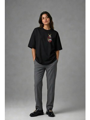Posh Cabal G02126 Baskılı Oversize Siyah Kadın T-Shirt