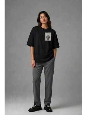 Posh Cabal G01109 Baskılı Oversize Siyah Kadın T-Shirt