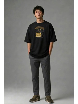 Posh Cabal F02086 Baskılı Oversize Siyah Erkek T-Shirt