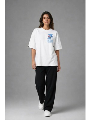 Posh Cabal G02058 Baskılı Oversize Beyaz Kadın T-Shirt