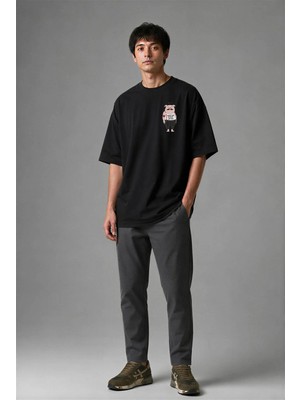 Posh Cabal G02019 Baskılı Oversize Siyah Erkek T-Shirt