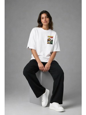Posh Cabal G02130 Baskılı Oversize Beyaz Kadın T-Shirt