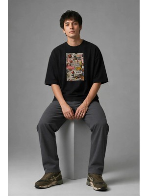 Posh Cabal F02055 Baskılı Oversize Siyah Erkek T-Shirt