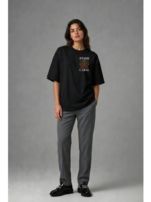 Posh Cabal G01029 Baskılı Oversize Siyah Kadın T-Shirt