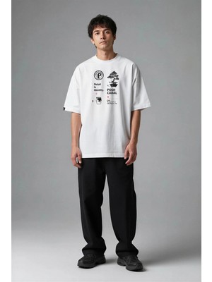 Posh Cabal F03147 Baskılı Oversize Beyaz Erkek T-Shirt