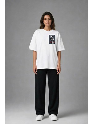 Posh Cabal G02137 Baskılı Oversize Beyaz Kadın T-Shirt