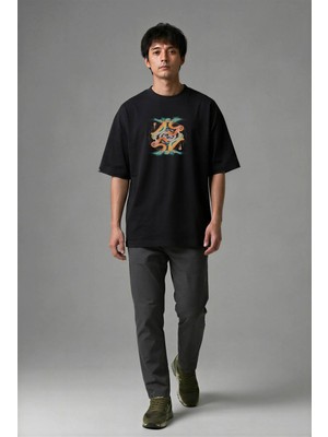 Posh Cabal F02038 Baskılı Oversize Siyah Erkek T-Shirt