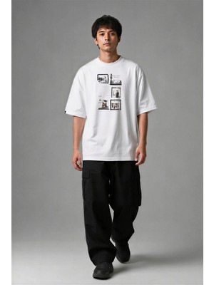Posh Cabal F03138 Baskılı Oversize Beyaz Erkek T-Shirt