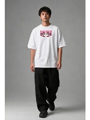 Posh Cabal F02098 Baskılı Oversize Beyaz Erkek T-Shirt