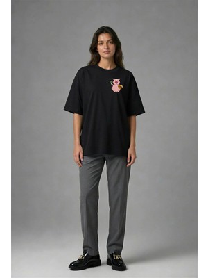 Posh Cabal G02022 Baskılı Oversize Siyah Kadın T-Shirt
