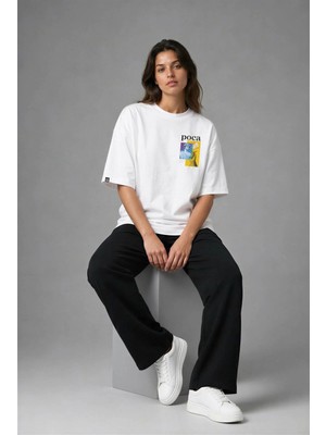 Posh Cabal G03095 Baskılı Oversize Beyaz Kadın T-Shirt