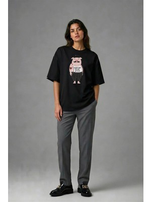 Posh Cabal F02019 Baskılı Oversize Siyah Kadın T-Shirt