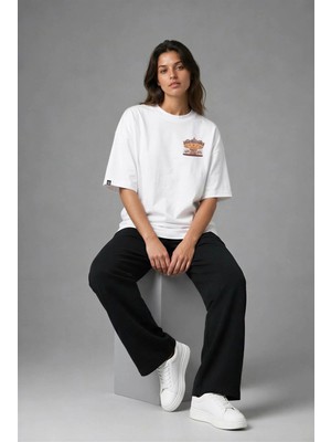 Posh Cabal G02070 Baskılı Oversize Beyaz Kadın T-Shirt