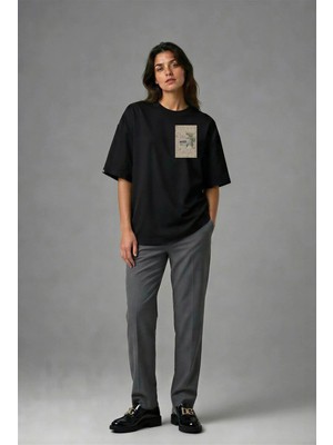 Posh Cabal G02104 Baskılı Oversize Siyah Kadın T-Shirt