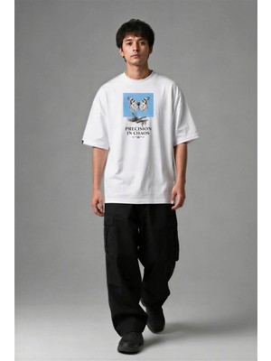 Posh Cabal F03133 Baskılı Oversize Beyaz Erkek T-Shirt