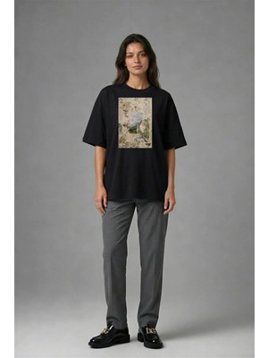 Posh Cabal F02102 Baskılı Oversize Siyah Kadın T-Shirt