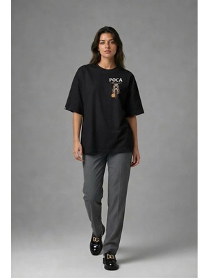 Posh Cabal G01063 Baskılı Oversize Siyah Kadın T-Shirt