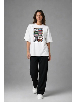 Posh Cabal F03083 Baskılı Oversize Beyaz Kadın T-Shirt