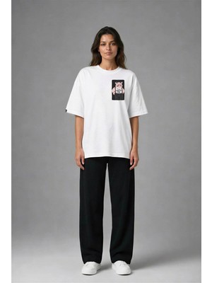 Posh Cabal G03062 Baskılı Oversize Beyaz Kadın T-Shirt