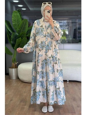 Neşeli Butik Kadın Mavi Hakim Yaka Düğmeli Viskon Çiçek Desenli Tesettür Elbise NMS099