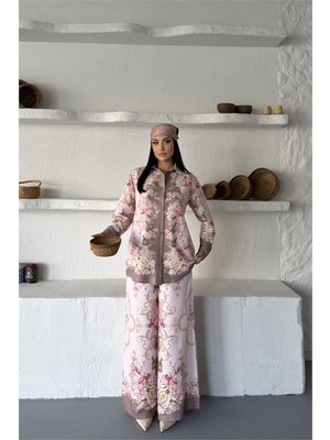 Neşeli Butik Kadın Pembe Çiçek Desenli Ithal Kumaş Tasarım Gömlek Pantolon Takım NBMS2686