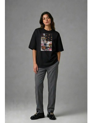 Posh Cabal F02054 Baskılı Oversize Siyah Kadın T-Shirt