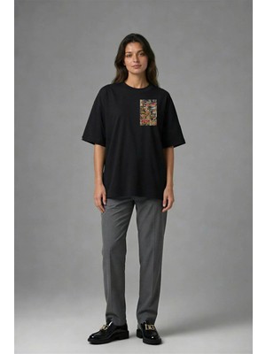 Posh Cabal G02052 Baskılı Oversize Siyah Kadın T-Shirt