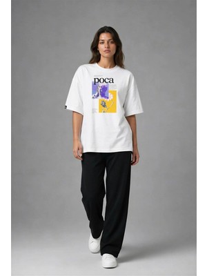 Posh Cabal F03098 Baskılı Oversize Beyaz Kadın T-Shirt