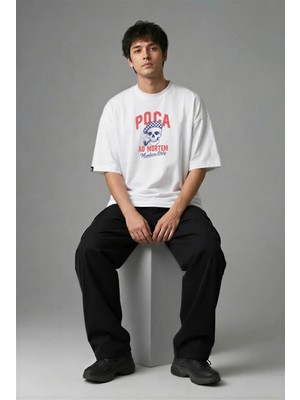 Posh Cabal F03105 Baskılı Oversize Beyaz Erkek T-Shirt