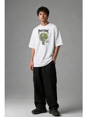 Posh Cabal F03114 Baskılı Oversize Beyaz Erkek T-Shirt