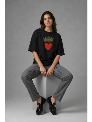 Posh Cabal F02110 Baskılı Oversize Siyah Kadın T-Shirt
