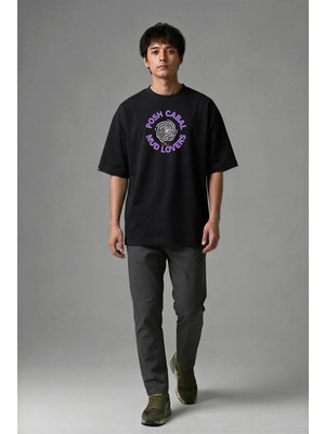 Posh Cabal F02093 Baskılı Oversize Siyah Erkek T-Shirt