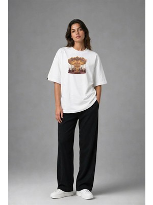 Posh Cabal F02069 Baskılı Oversize Beyaz Kadın T-Shirt