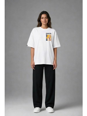 Posh Cabal G03067 Baskılı Oversize Beyaz Kadın T-Shirt