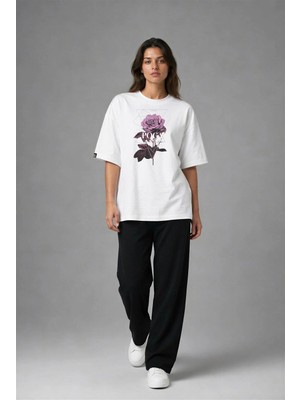 Posh Cabal F02008 Baskılı Oversize Beyaz Kadın T-Shirt