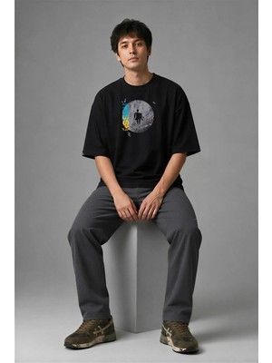Posh Cabal F02065 Baskılı Oversize Siyah Erkek T-Shirt