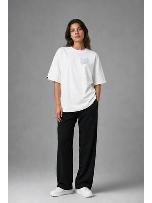 Posh Cabal G03074 Baskılı Oversize Beyaz Kadın T-Shirt
