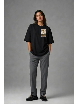 Posh Cabal G01056 Baskılı Oversize Siyah Kadın T-Shirt