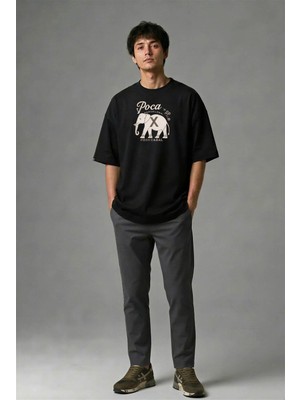 Posh Cabal F02096 Baskılı Oversize Siyah Erkek T-Shirt