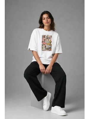Posh Cabal F02055 Baskılı Oversize Beyaz Kadın T-Shirt