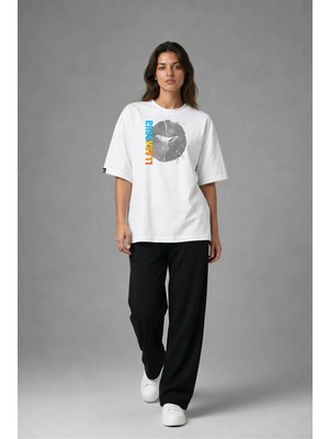 Posh Cabal F02068 Baskılı Oversize Beyaz Kadın T-Shirt