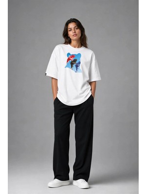 Posh Cabal F02056 Baskılı Oversize Beyaz Kadın T-Shirt