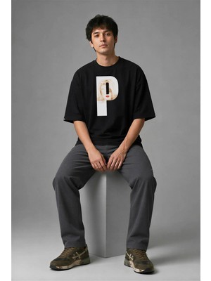 Posh Cabal F02115 Baskılı Oversize Siyah Erkek T-Shirt