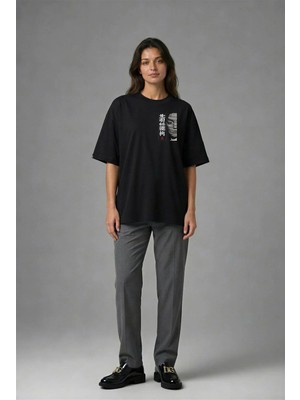 Posh Cabal G01107 Baskılı Oversize Siyah Kadın T-Shirt